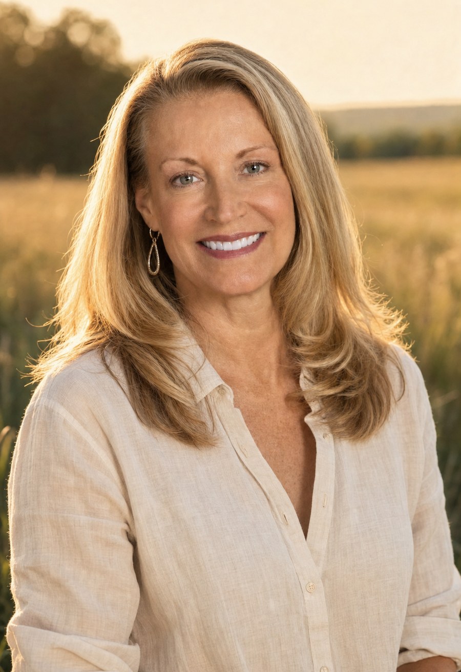 Laurie Schadegg outdoors at golden hour in an open field, smiling in a relaxed cream linen shirt