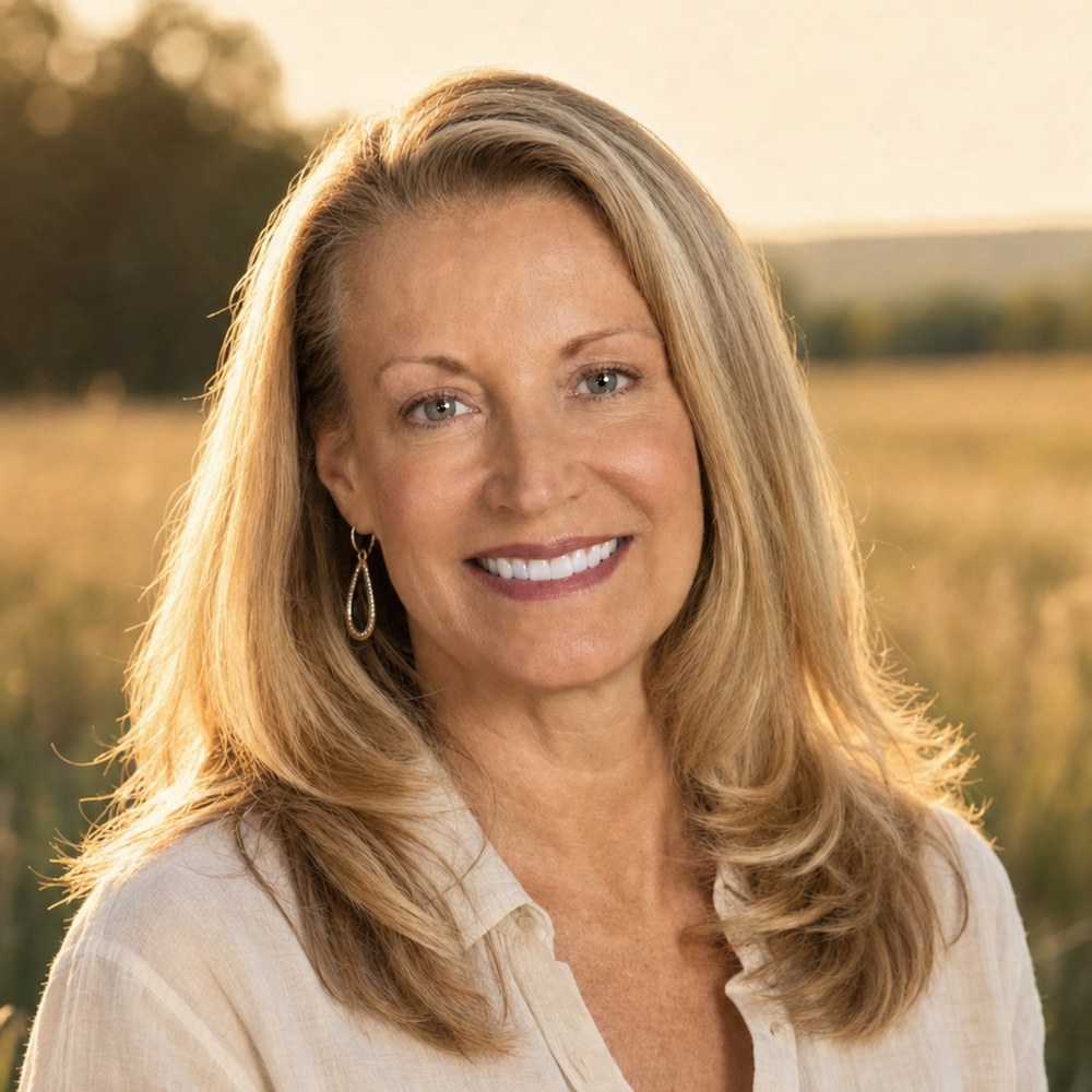 Laurie Schadegg, executive coach and leadership strategist, outdoors at golden hour in an open field